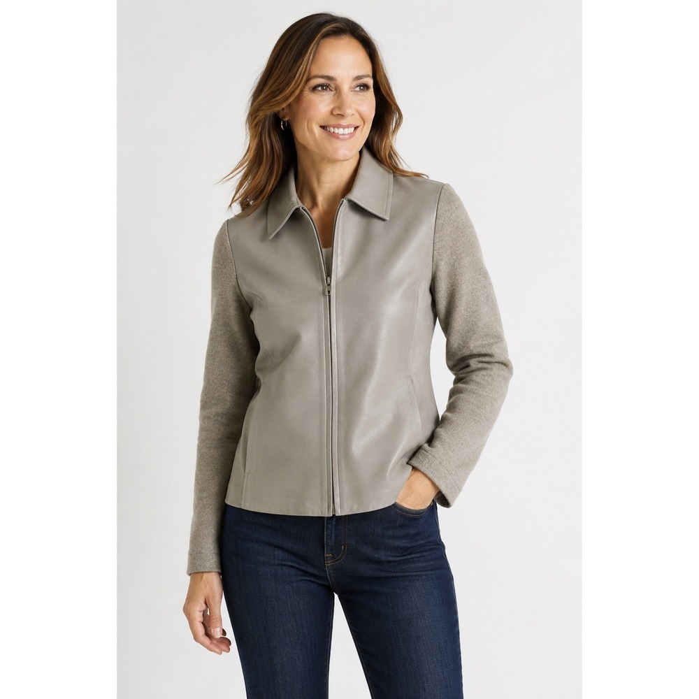 Pendleton Petite M Leather‎ and Merino Wool Hybrid Zip Jacket Taupe Gray PC870